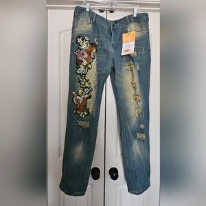 Embroidered Tiger Patch Distressed Blue Jeans